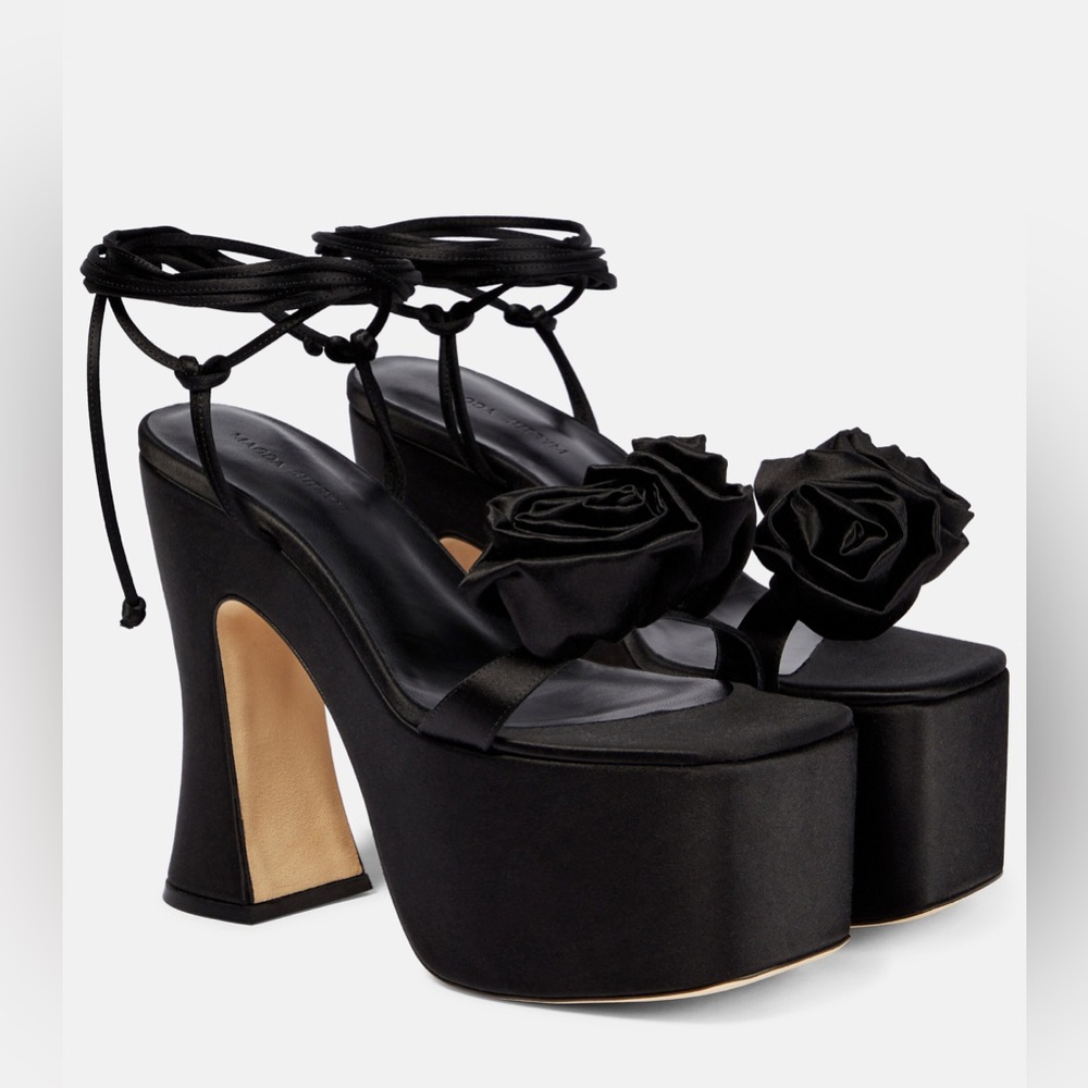 MAGDA BUTRYM Appliqué Satin Black Platform Sandals HEELS Size 39 US 9